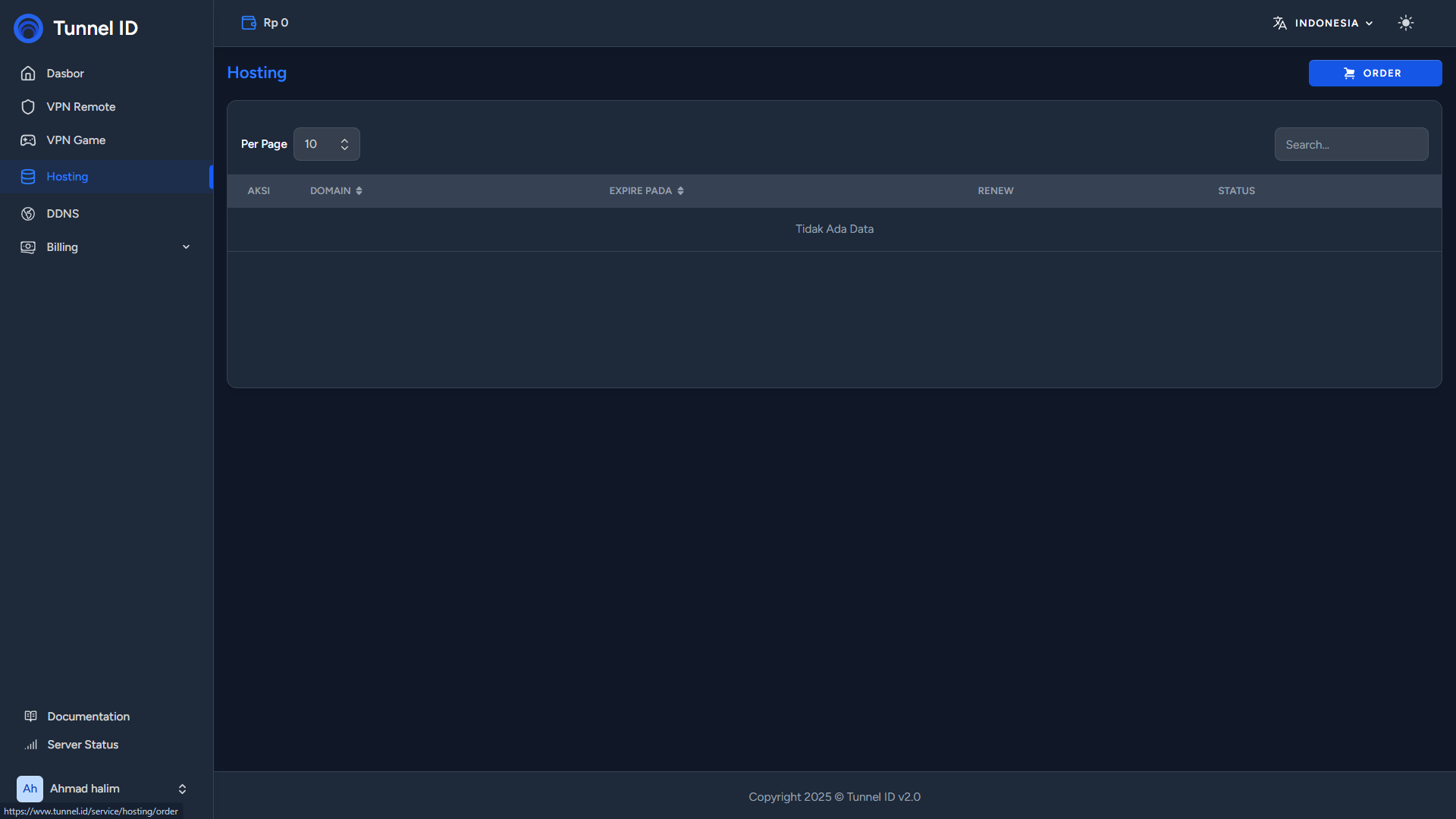 Tunnel ID Order Hosting