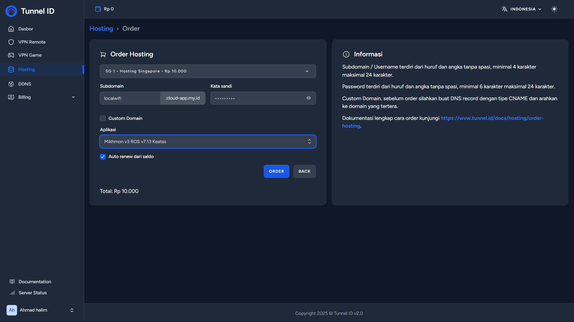 Tunnel ID Order Hosting 2