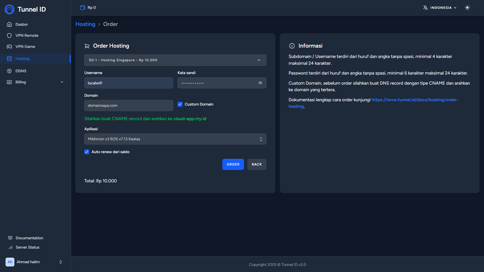 Tunnel ID Order Hosting Custom Domain